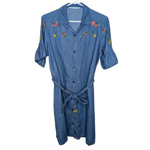 Given Kale Denim Button Down  Floral Embordered Tie Waist Dress Women Medium